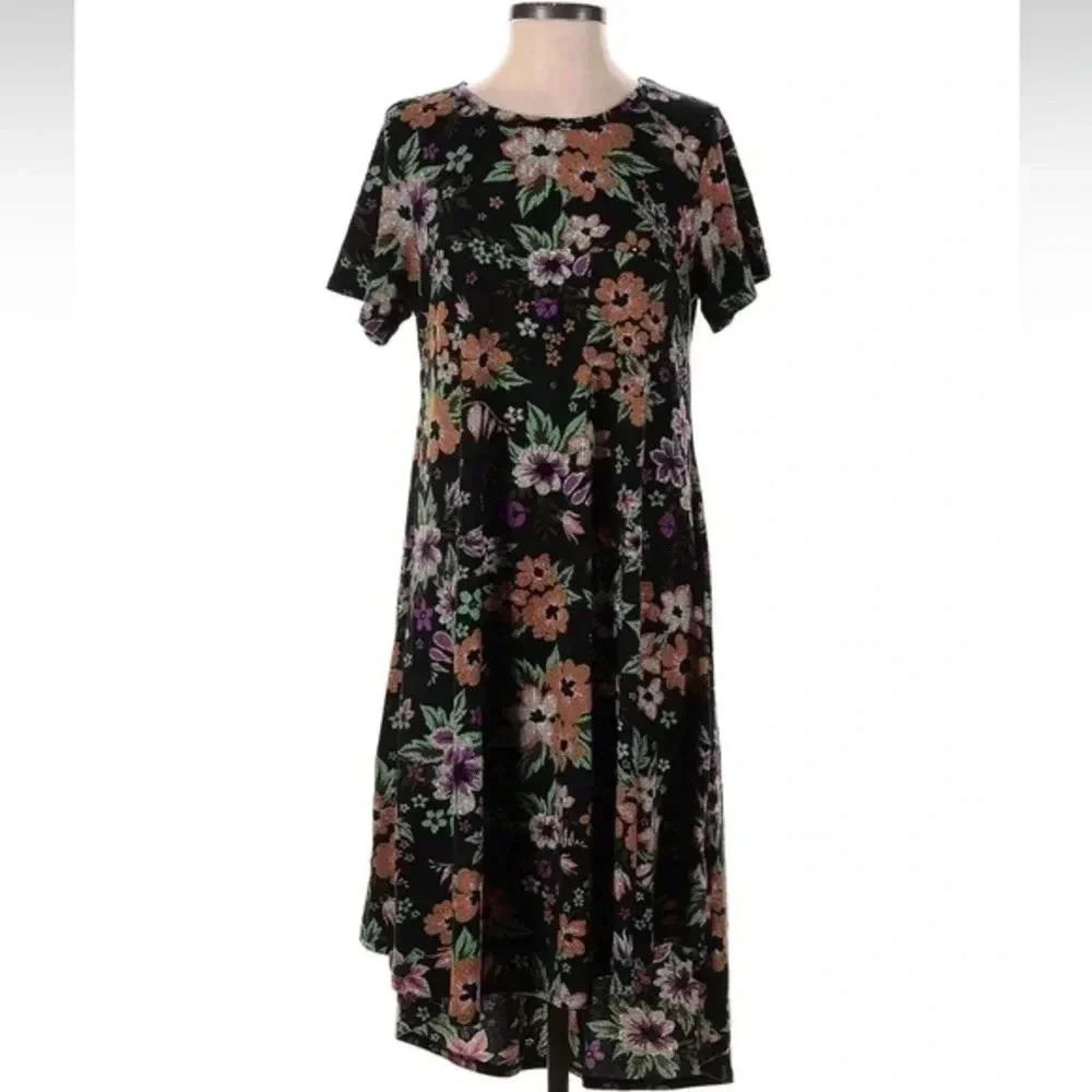 LuLaRoe Carly High Low Hem Dress Black Tropical Floral Print Size Small S
